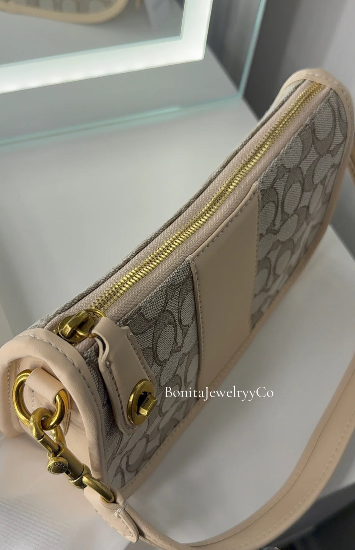 Beige Signature Canvas Shoulder Bag