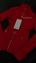 Full length Red Lulu with gold zipper