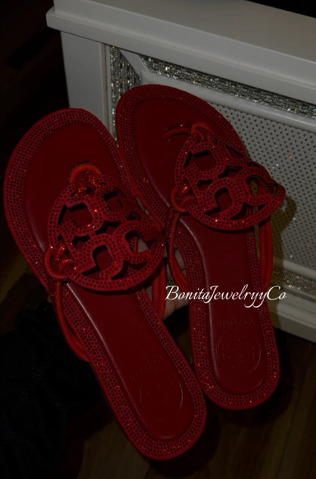 Red sparkly TB sandals