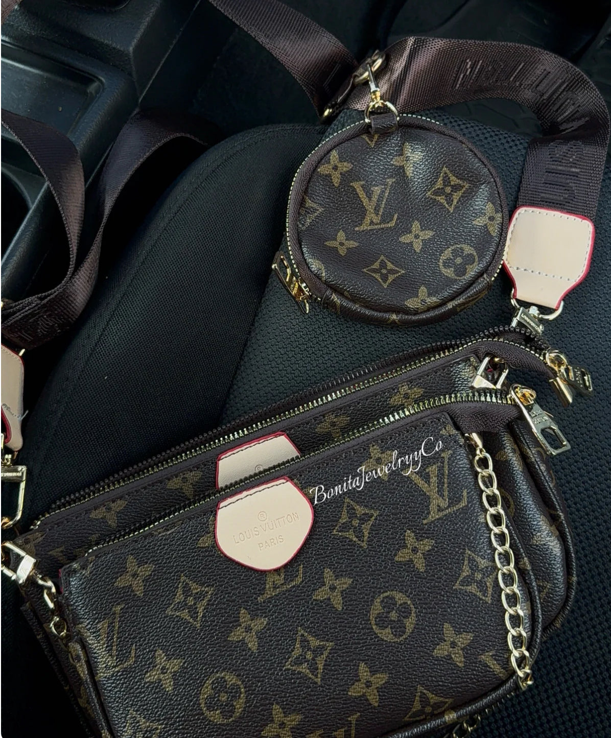 3pc brown monogram cross body purse set