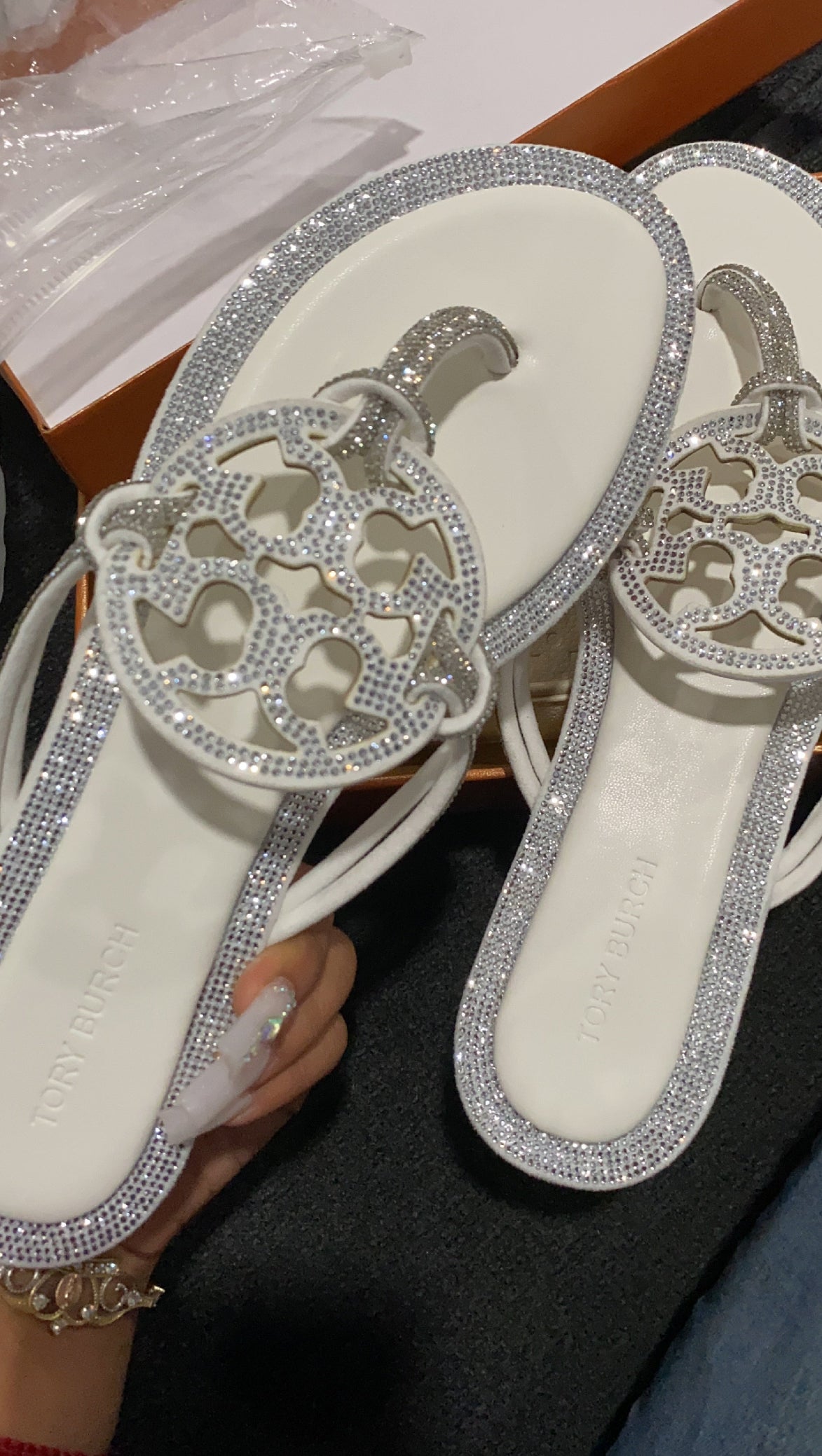 White sparkly TB sandals
