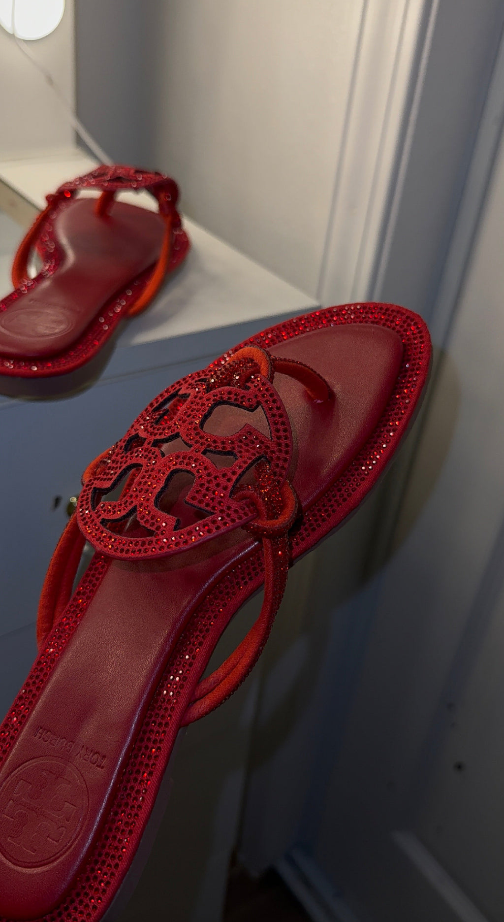 Red sparkly TB sandals
