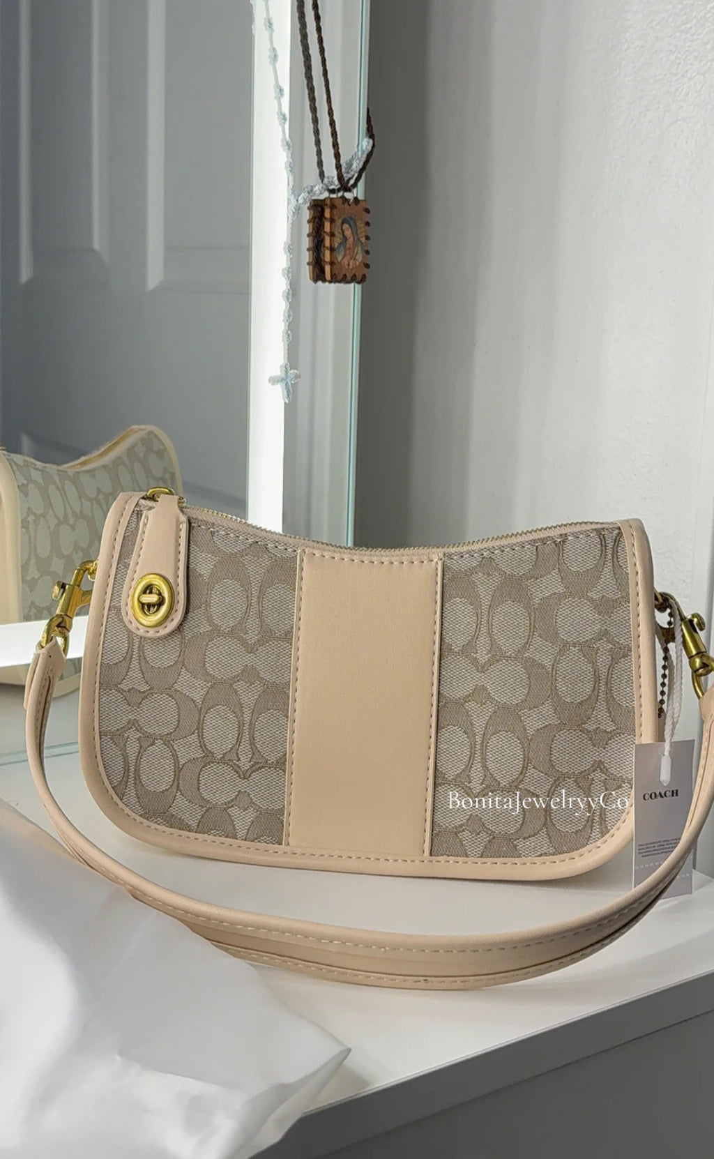 Beige Signature Canvas Shoulder Bag