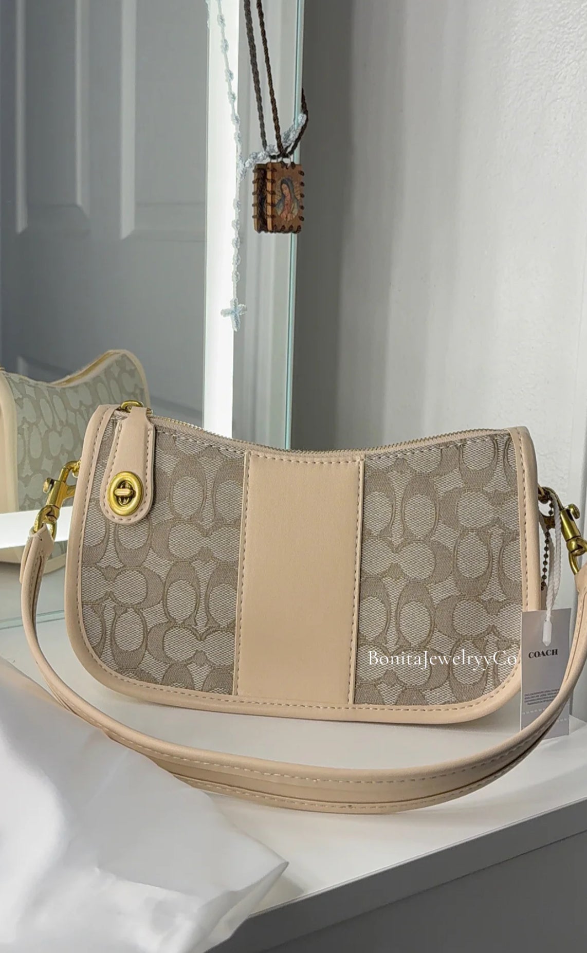 Beige Signature Canvas Shoulder Bag