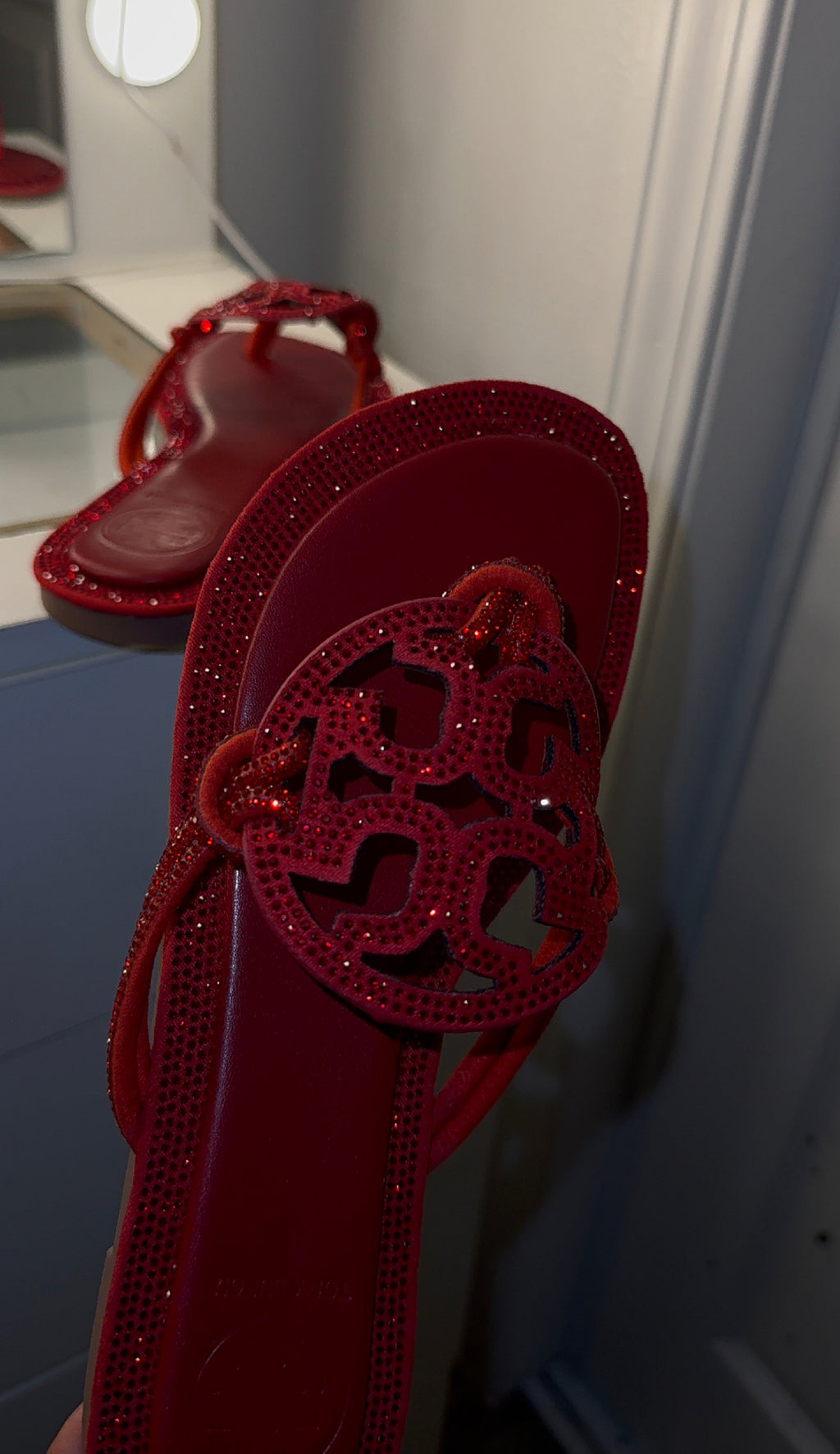 Red sparkly TB sandals
