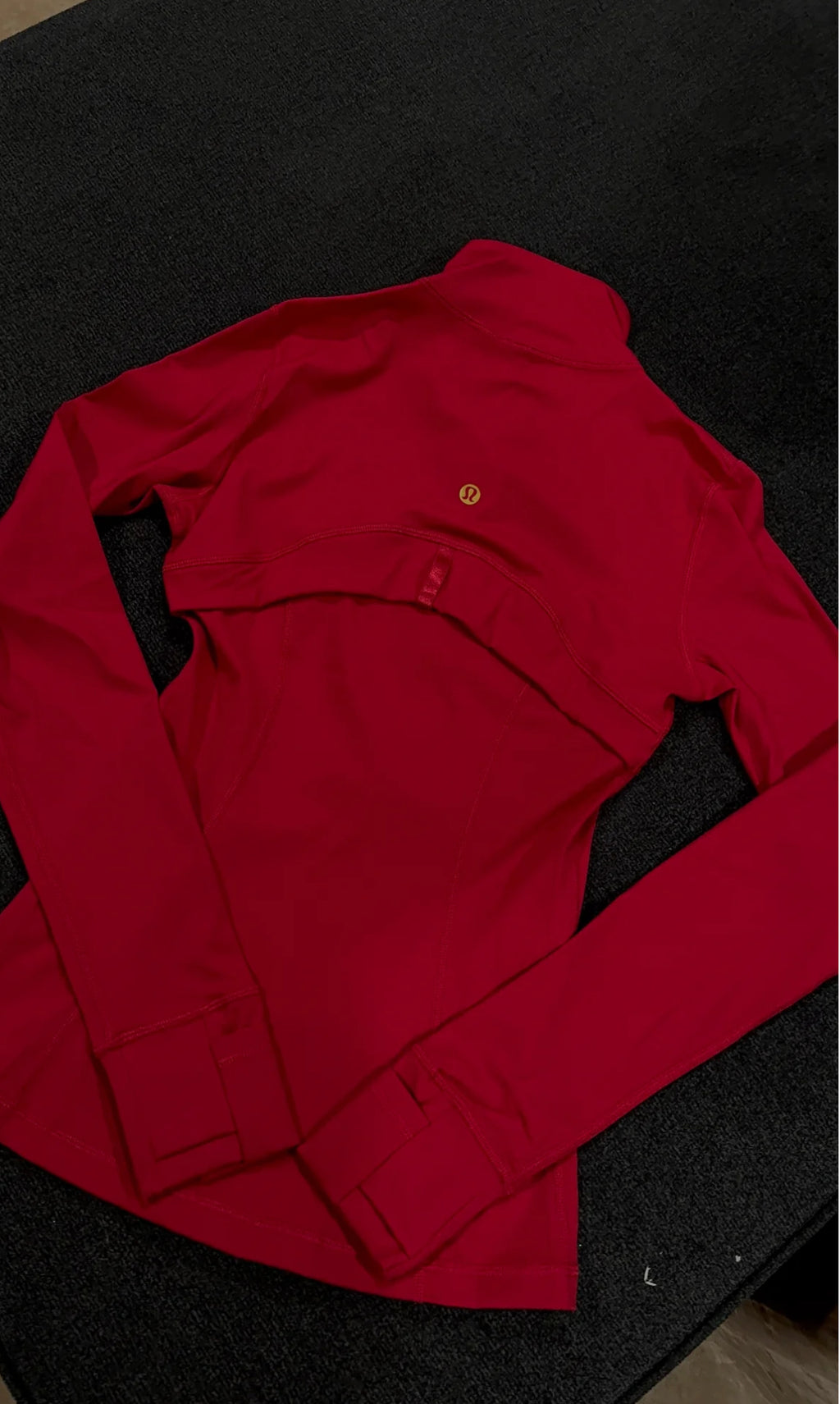 Full length Red Lulu with gold zipper