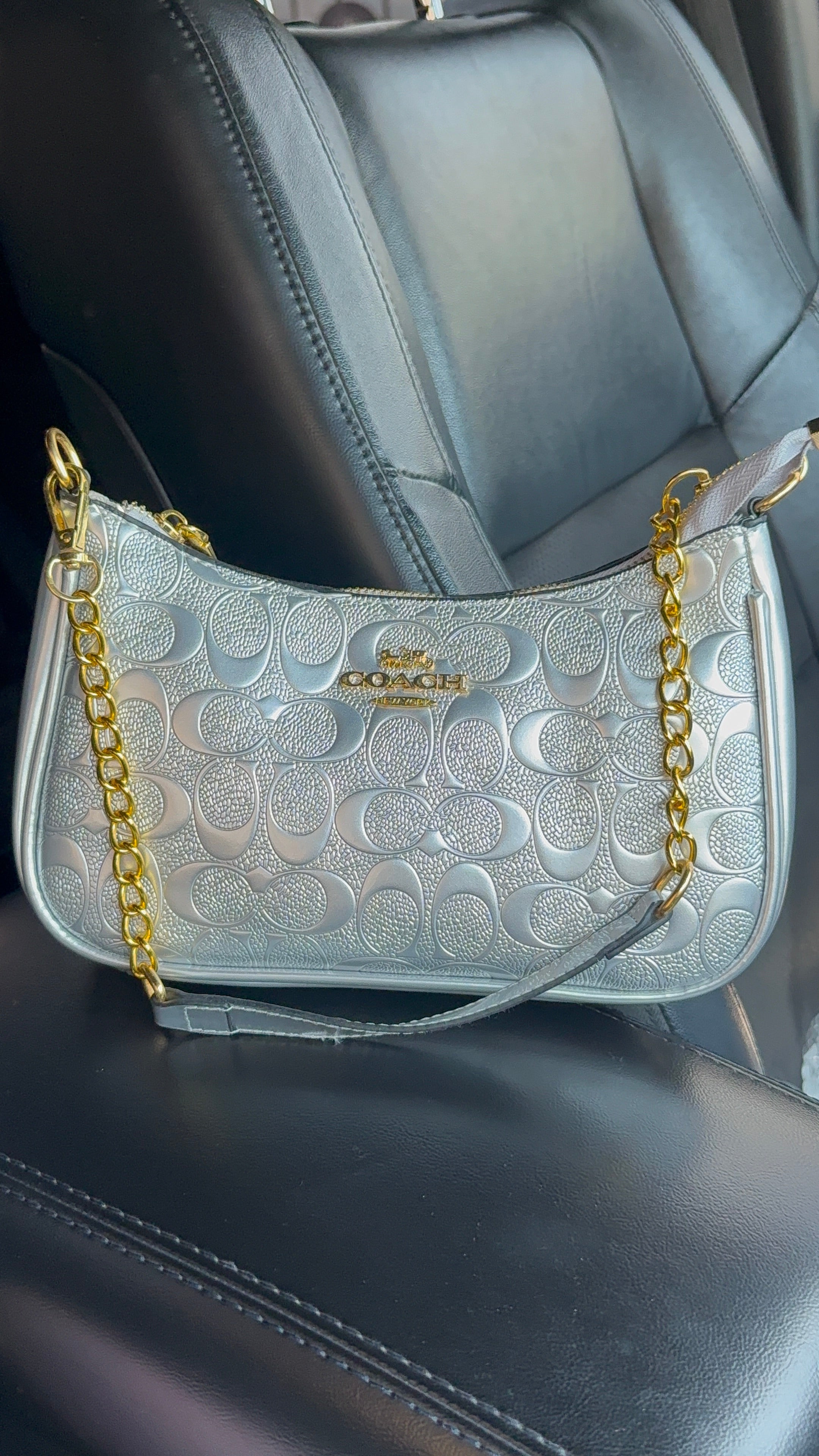 Silver purse with gold straps