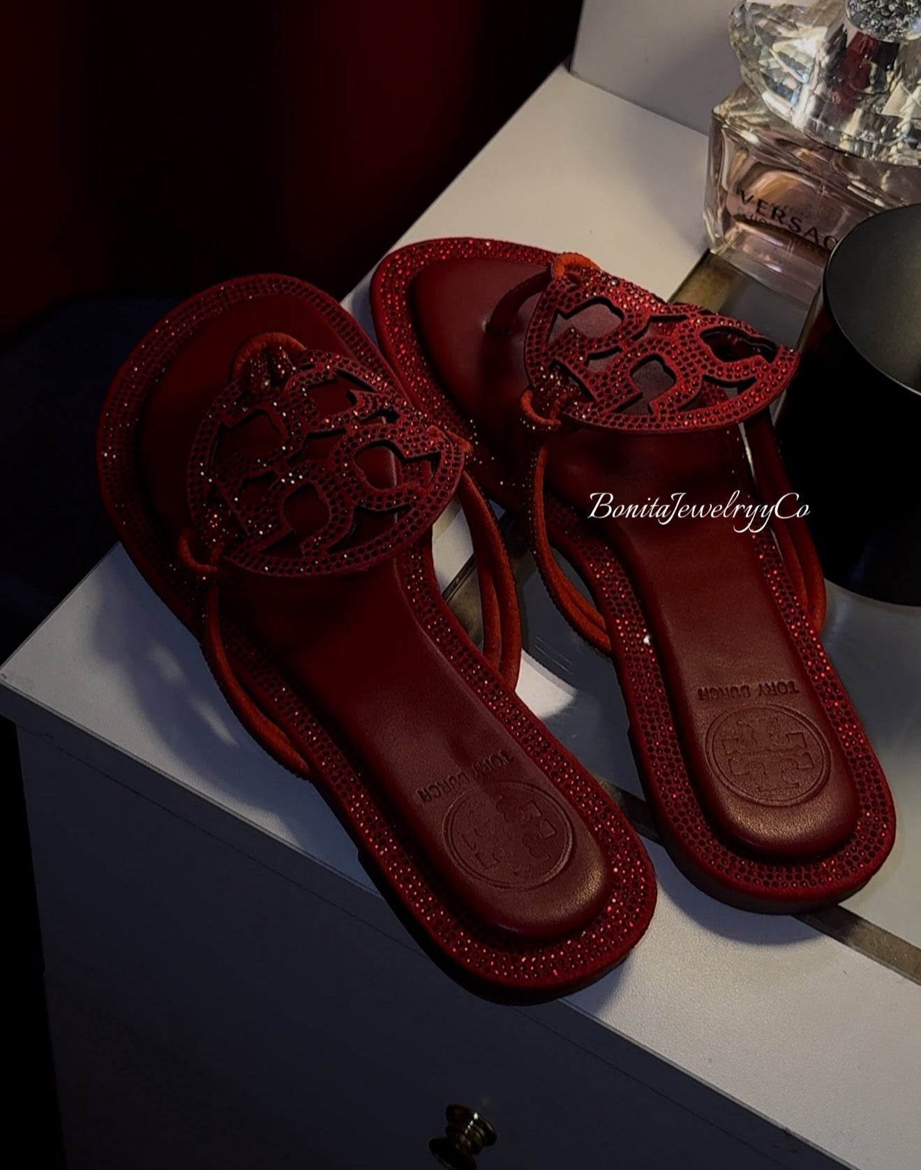 Red sparkly TB sandals