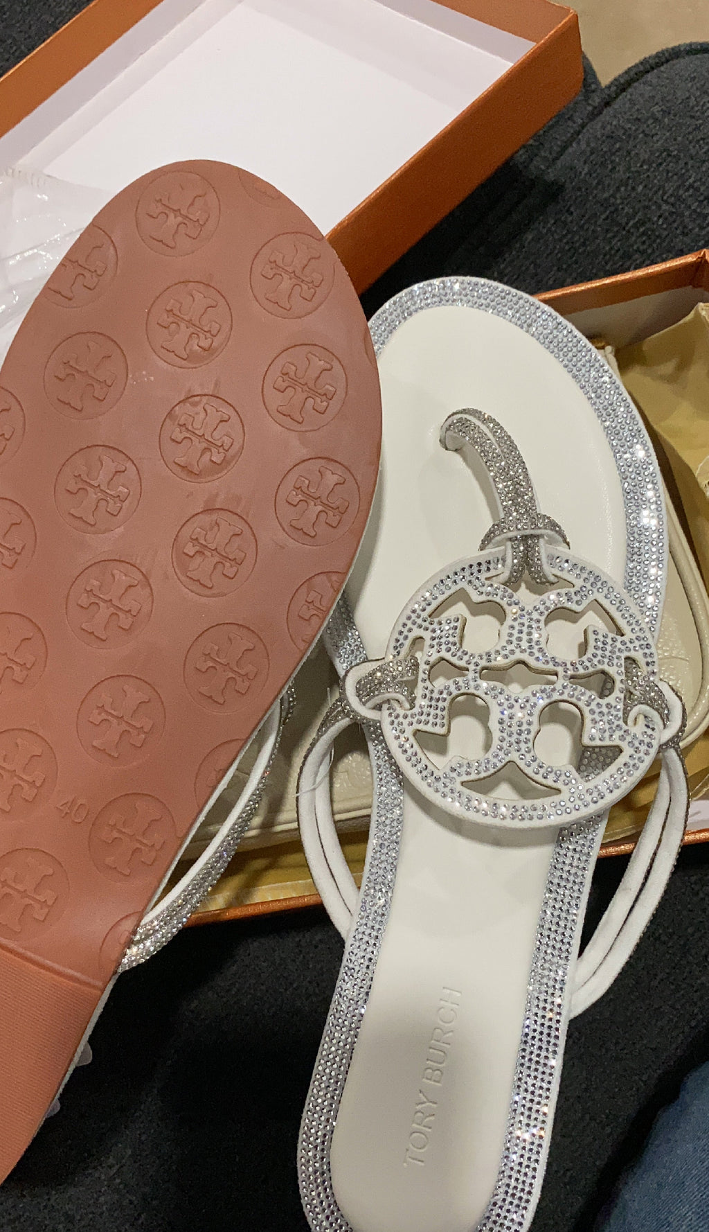 White sparkly TB sandals