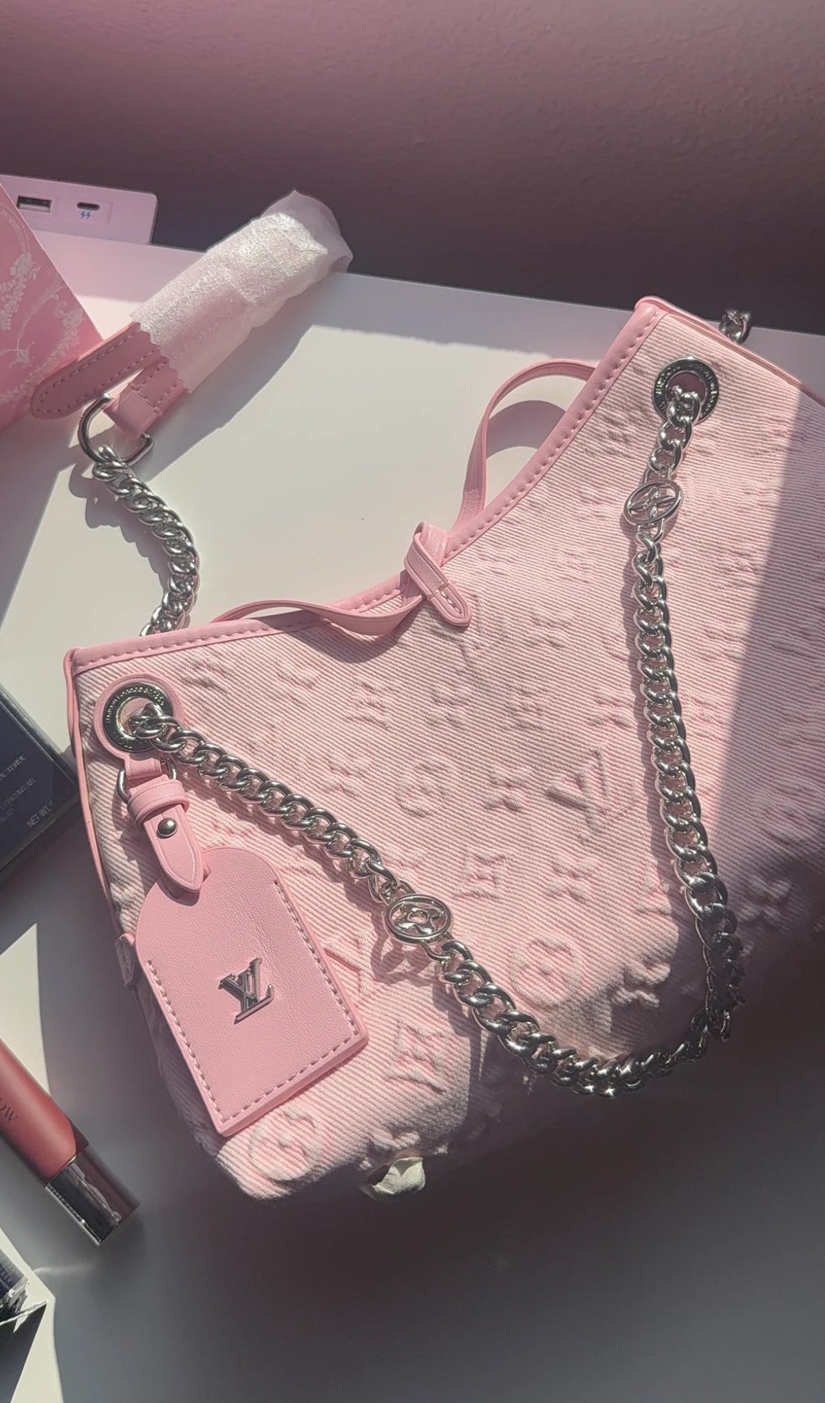 Pink monogram purse with silver straps