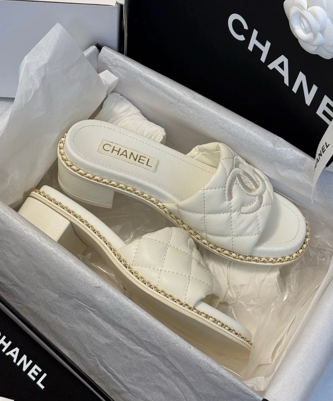 Pearl white heel slides