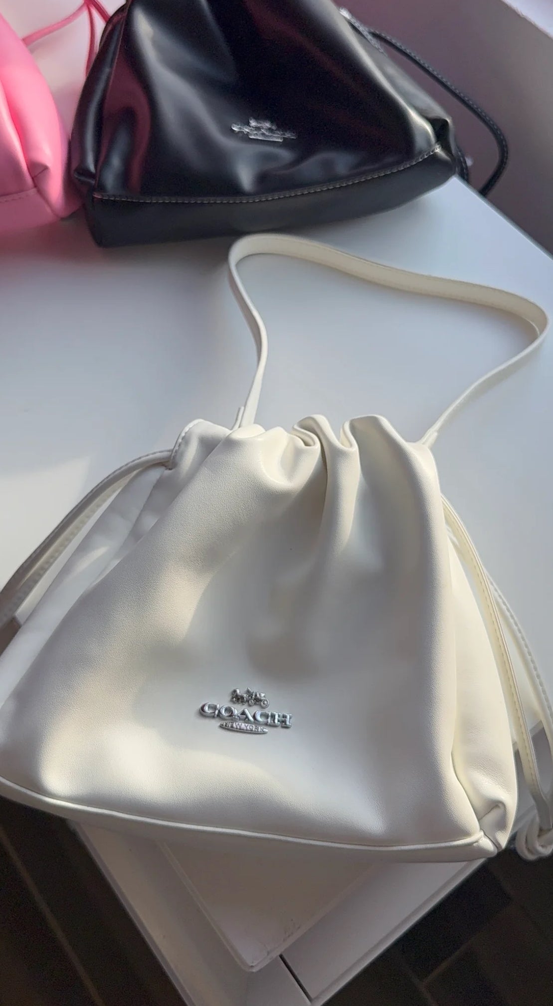 White drawstring purse
